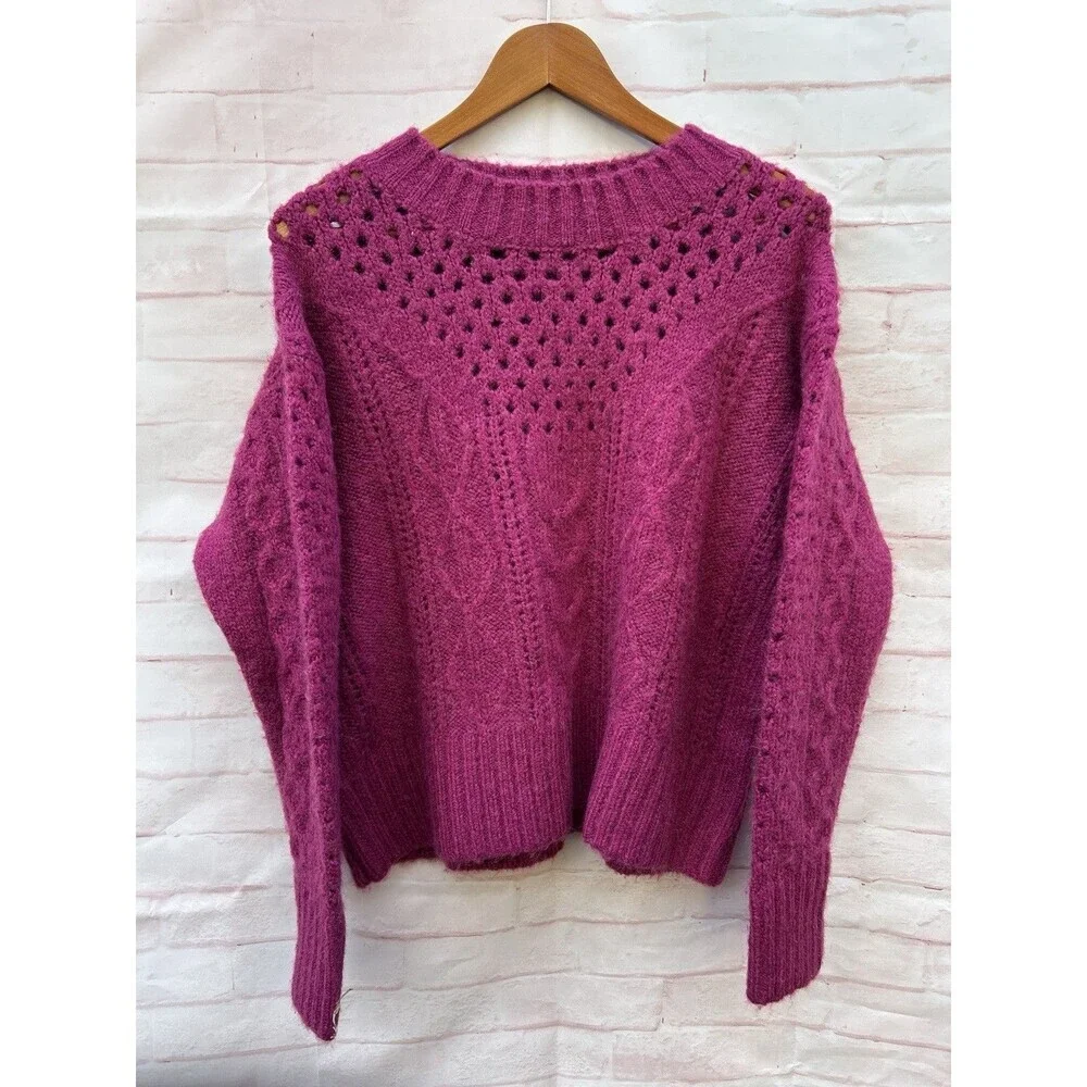 &Merci Women M Berry Pink Open Cable Knit Chunky Wool Mohair Blend Sweater